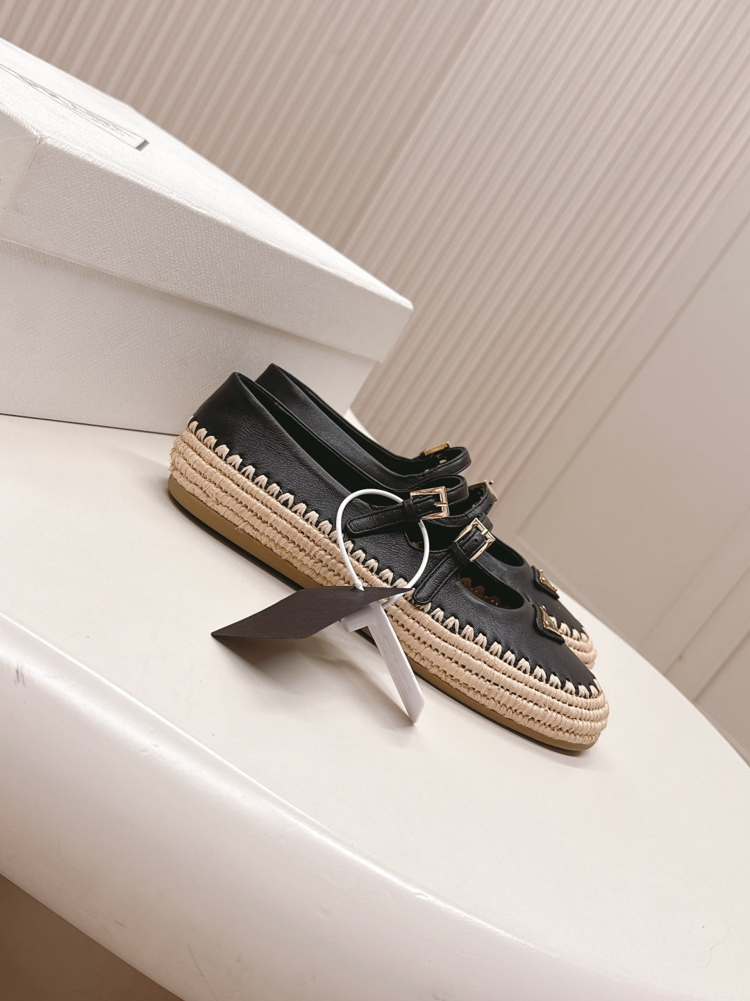 PRADA 26S MARY JANE ESPADRILLES SHOES IN BLACK CALFSKIN WITH LOGO