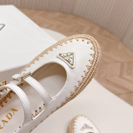 PRADA 26S MARY JANE ESPADRILLES SHOES IN WHITE CALFSKIN WITH LOGO