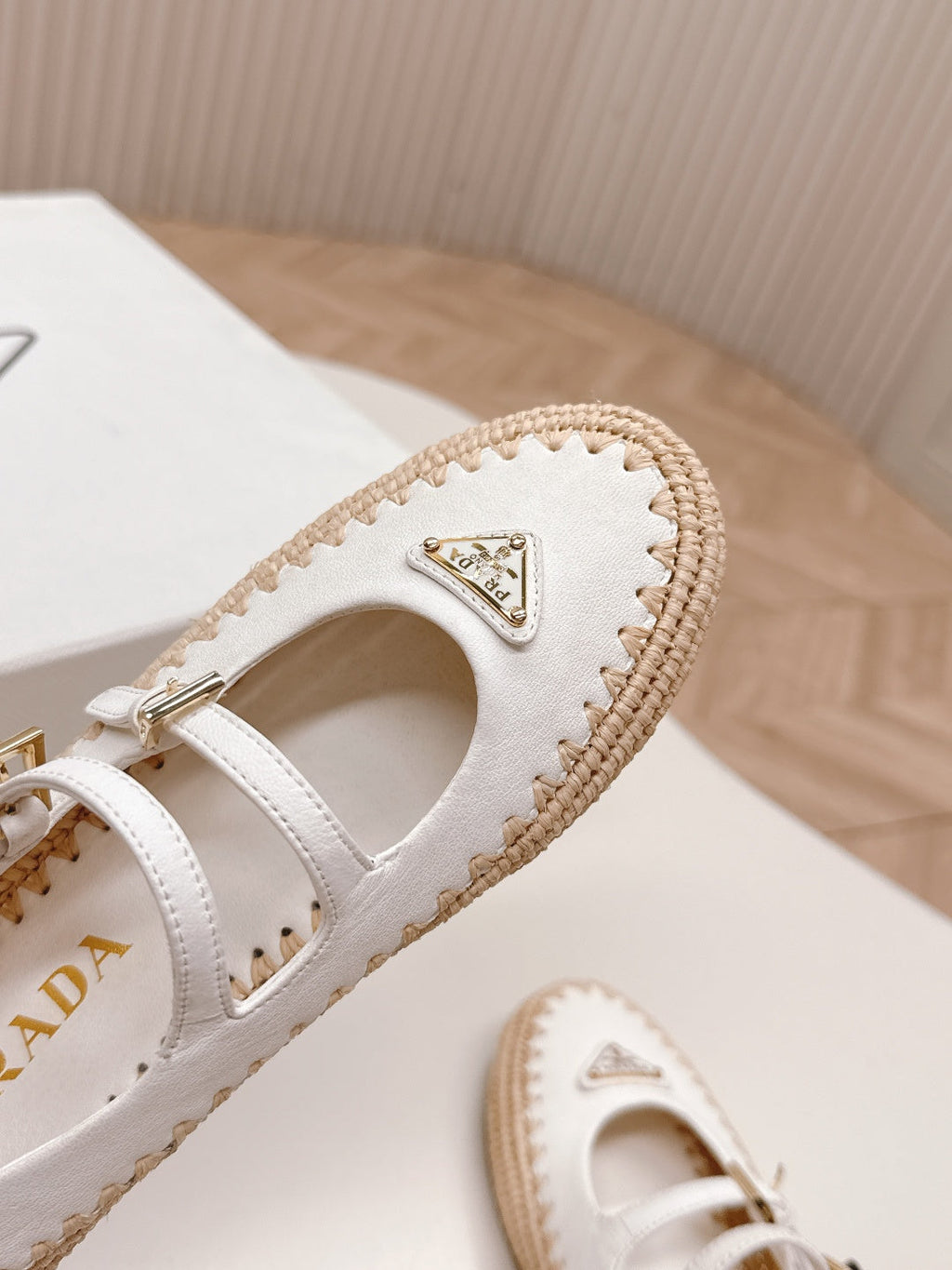 PRADA 26S MARY JANE ESPADRILLES SHOES IN WHITE CALFSKIN WITH LOGO