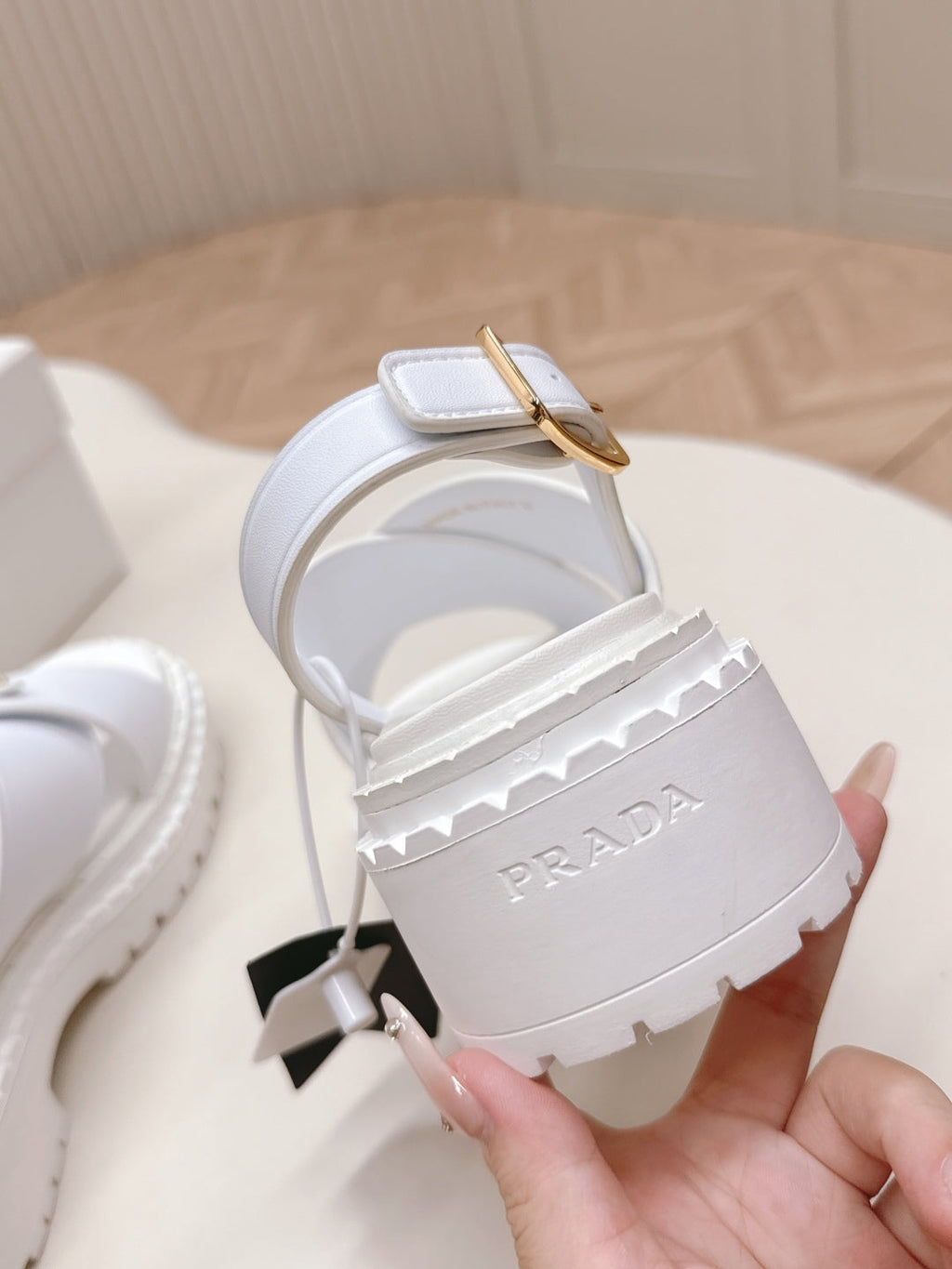 PRADA 25S SANDALS IN WHITE CALFSKIN LOGO GOLD HARDWARE