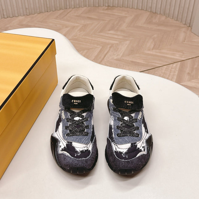 FENDI 25S CORTEZ RETRO SNEAKERS IN DARK CHARCOAL PURPLE SUEDE AND FABRIC