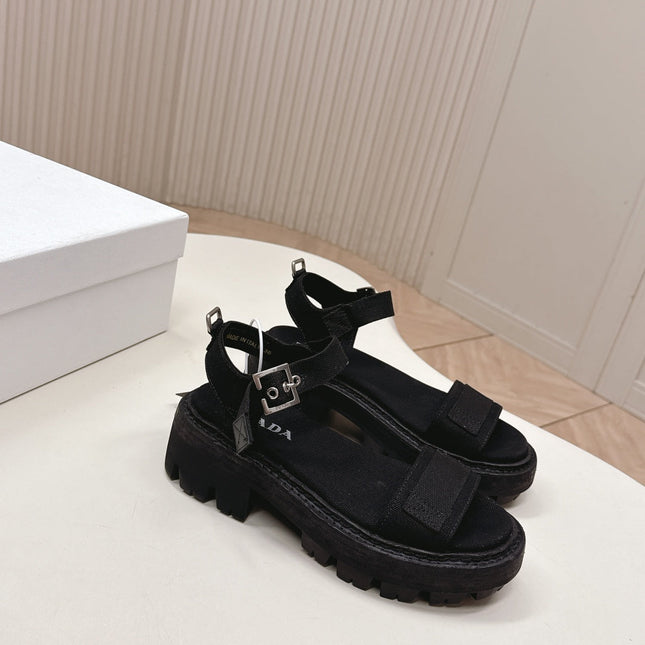 PRADA 26S SINGLE STRAP CHUNKY SOLE SANDALS IN BLACK CANVAS