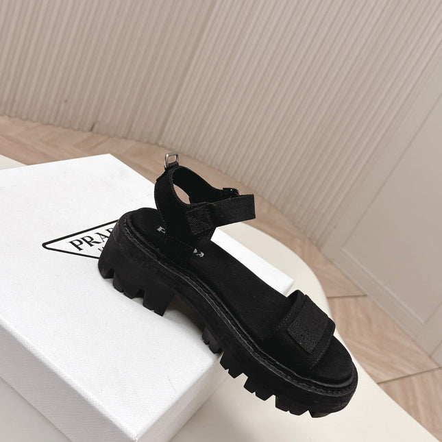 PRADA 26S SINGLE STRAP CHUNKY SOLE SANDALS IN BLACK CANVAS