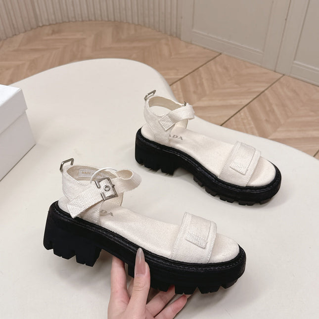 PRADA 26S SINGLE STRAP CHUNKY SOLE SANDALS IN WHITE CANVAS