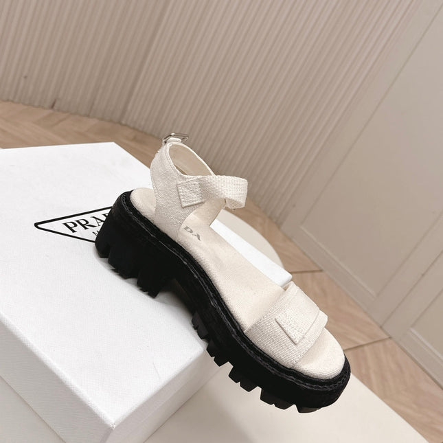 PRADA 26S SINGLE STRAP CHUNKY SOLE SANDALS IN WHITE CANVAS