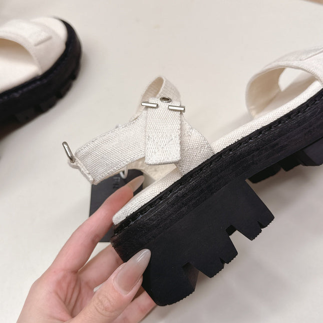 PRADA 26S SINGLE STRAP CHUNKY SOLE SANDALS IN WHITE CANVAS