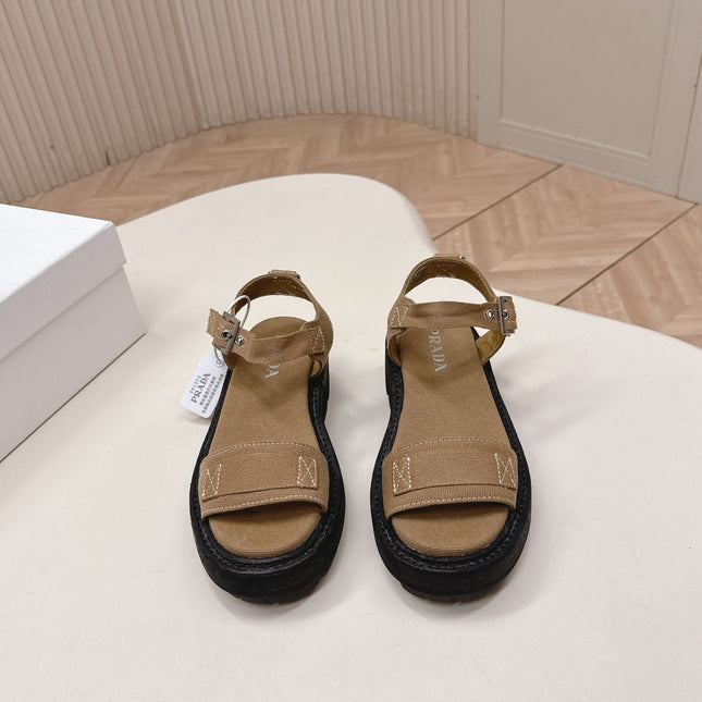 PRADA 26S SINGLE STRAP CHUNKY SOLE SANDALS IN BROWN CANVAS