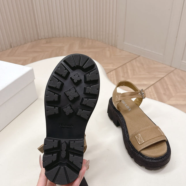 PRADA 26S SINGLE STRAP CHUNKY SOLE SANDALS IN BROWN CANVAS