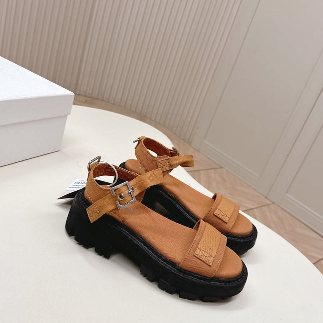 PRADA 26S SINGLE STRAP CHUNKY SOLE SANDALS IN CARAMEL BROWN CANVAS