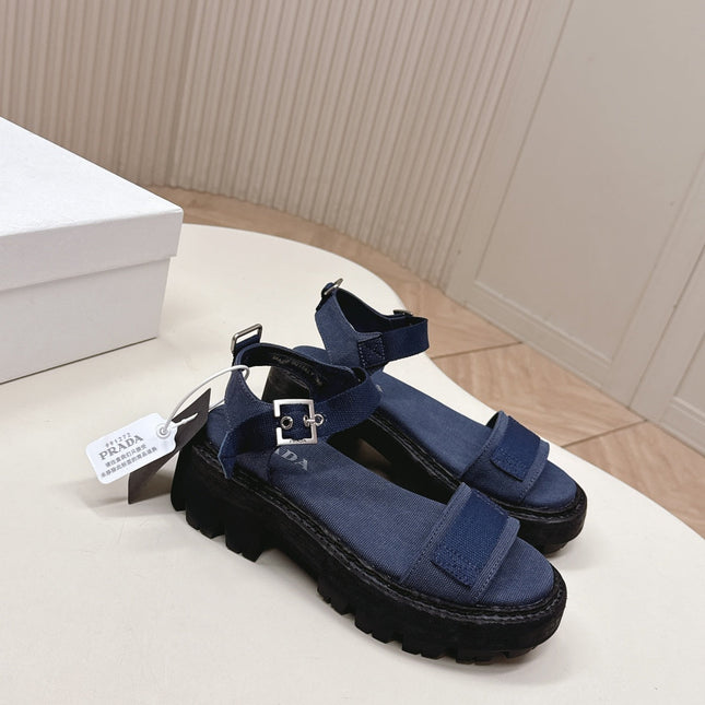 PRADA 26S SINGLE STRAP CHUNKY SOLE SANDALS IN NAVY BLUE CANVAS