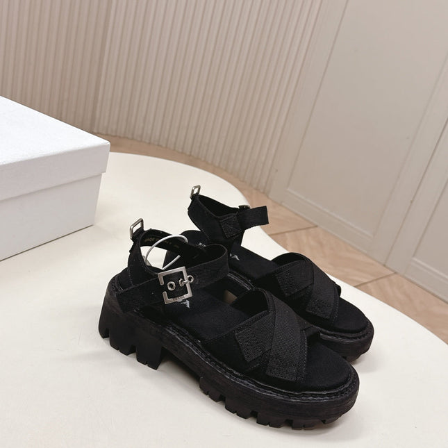 PRADA 26S CROSS STRAP CHUNKY SOLE SANDALS IN BLACK CANVAS