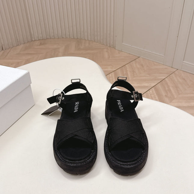 PRADA 26S CROSS STRAP CHUNKY SOLE SANDALS IN BLACK CANVAS