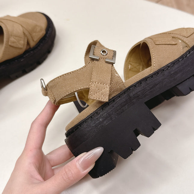 PRADA 26S CROSS STRAP CHUNKY SOLE SANDALS IN BROWN CANVAS