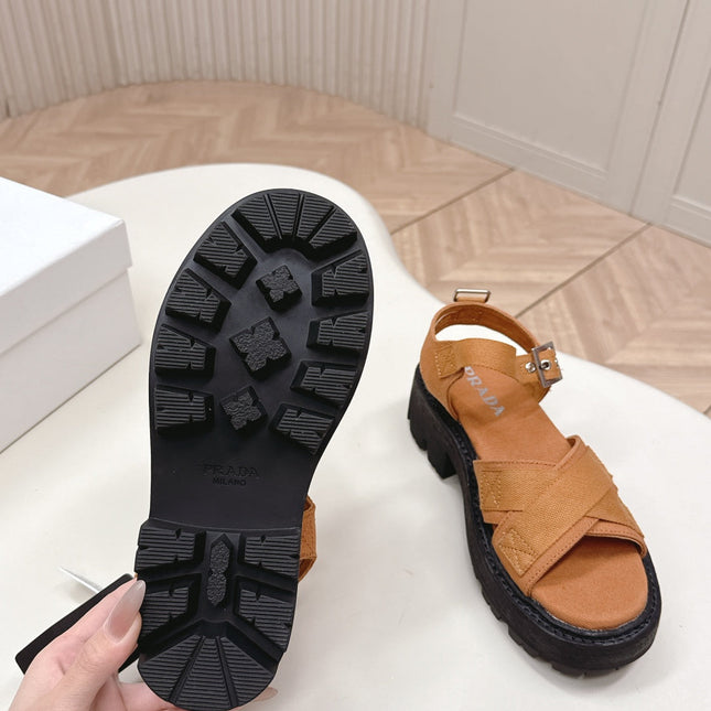 PRADA 26S CROSS STRAP CHUNKY SOLE SANDALS IN CARAMEL BROWN CANVAS