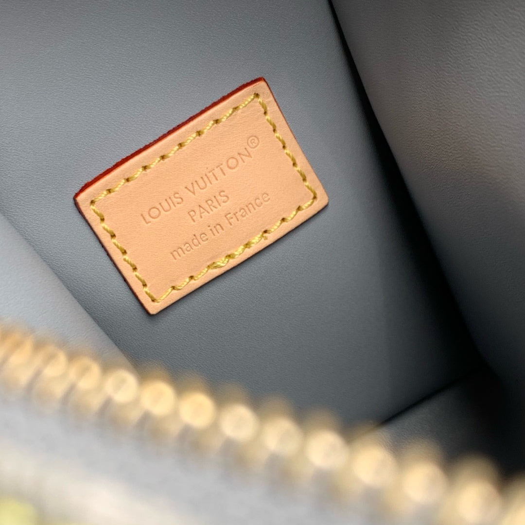 SIDE TRUNK 23.5 IN GREY MONOGRAM DENIM LIGHT BROWN CALFSKIN