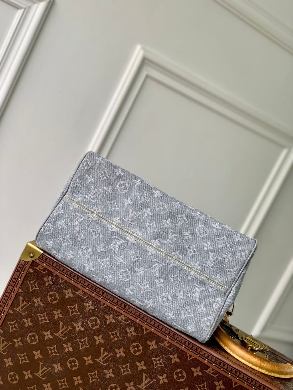SPEEDY SOFT 30 IN GREY MONOGRAM DENIM LIGHT BROWN CALFSKIN