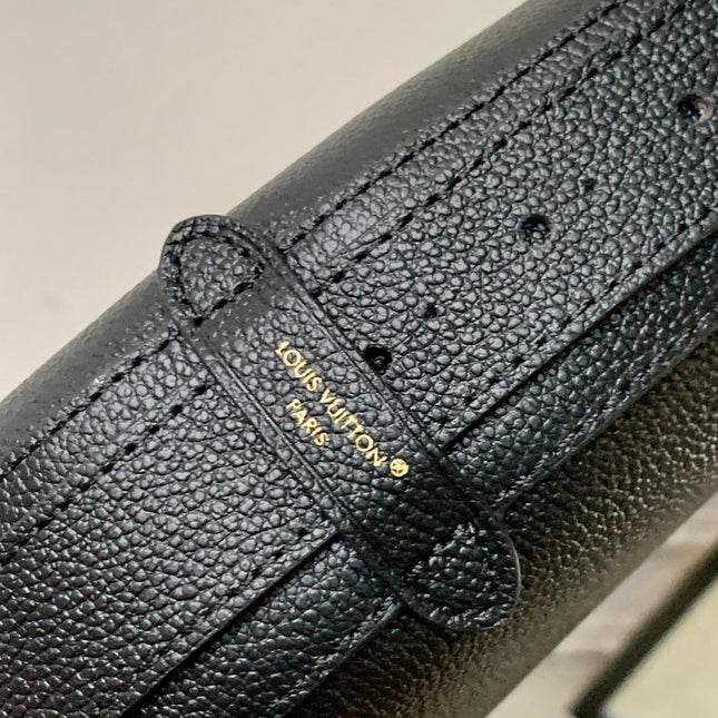 LOW KEY COOKIE MM 32 IN BLACK CALFSKIN BROWN MONOGRAM TAG