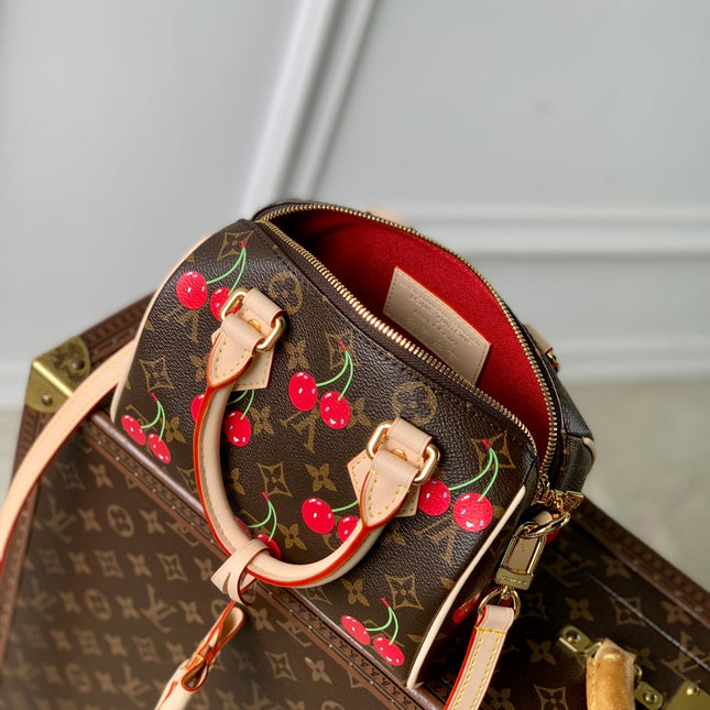 SPEEDY BANDOULIÈRE 20.5 BAG IN BROWN CANVAS CHERRY PRINTED