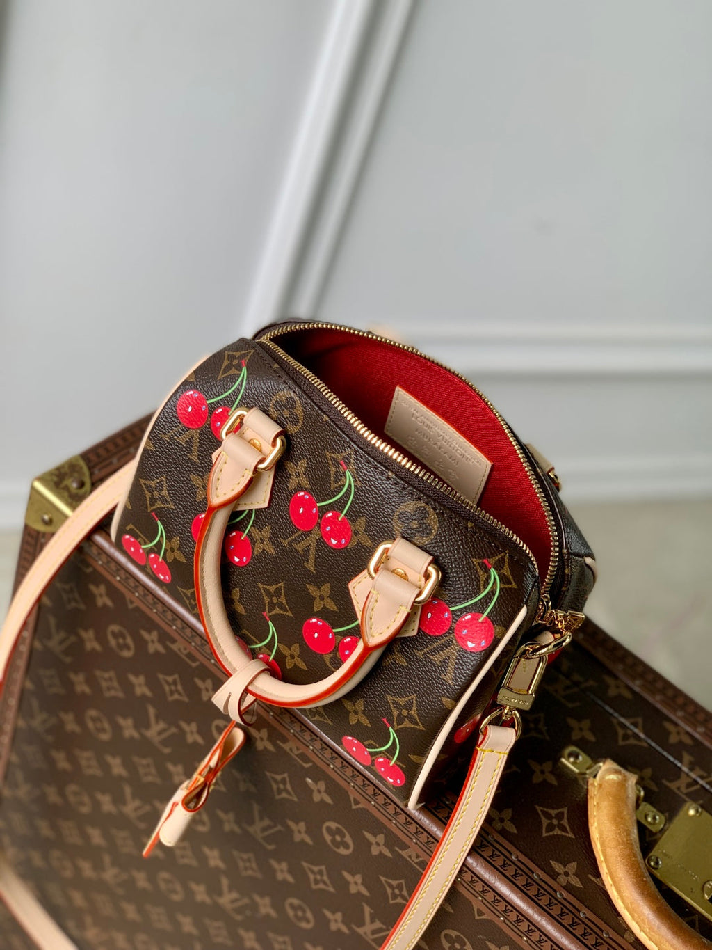 SPEEDY BANDOULIÈRE 20.5 BAG IN BROWN CANVAS CHERRY PRINTED