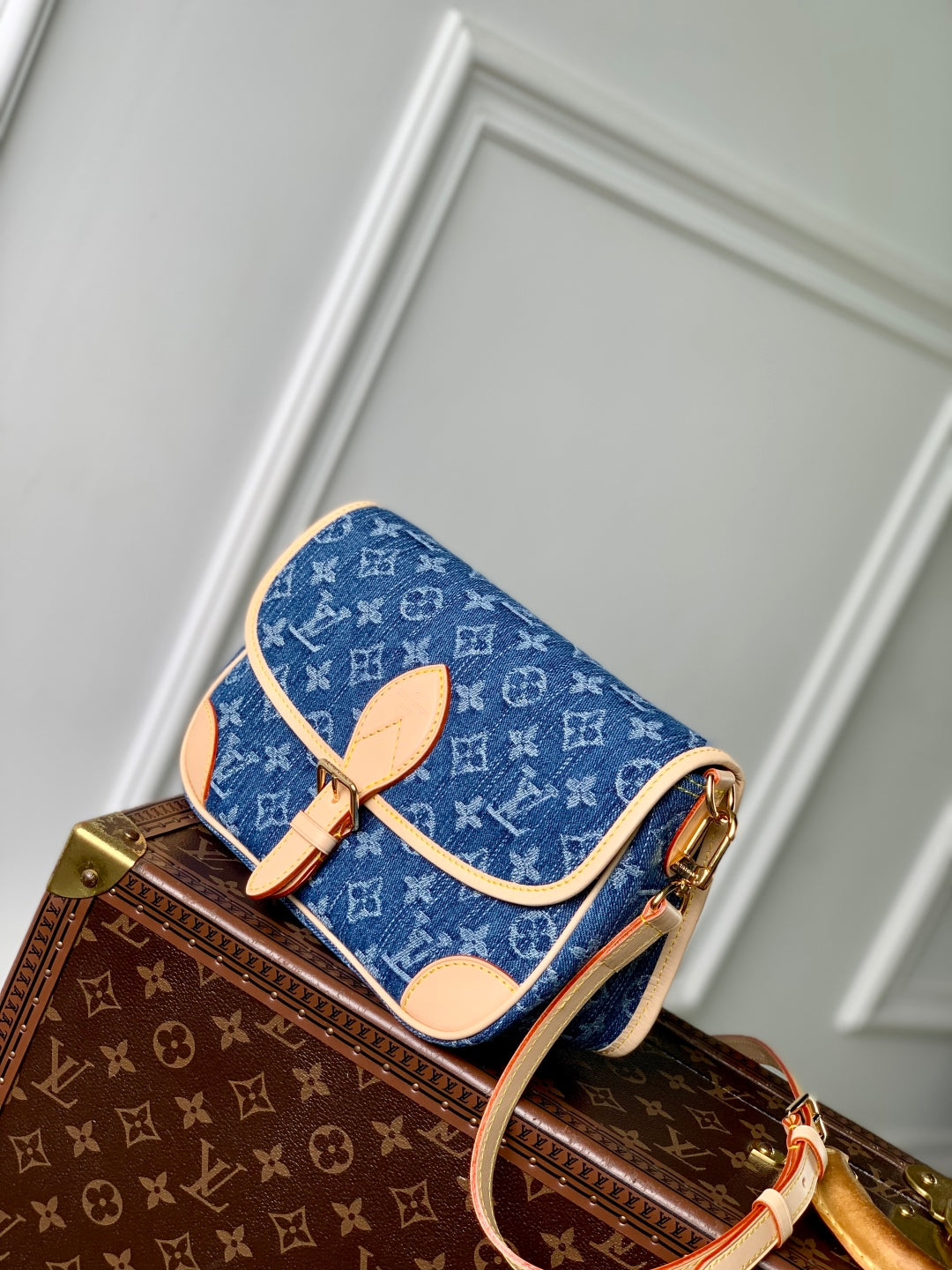 DIANE 24 IN DENIM BLUE MONOGRAM COWHIDE LEATHER TRIM