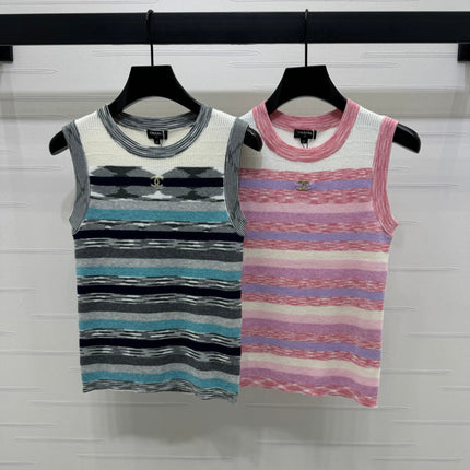 Chanel 25 Sleeveless Striped Top In Blue And Gray