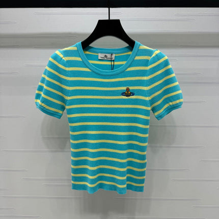 VIVIENE 25S SHORT SLEEVE STRIPED ROUND NECK KNIT SWEATER 264250