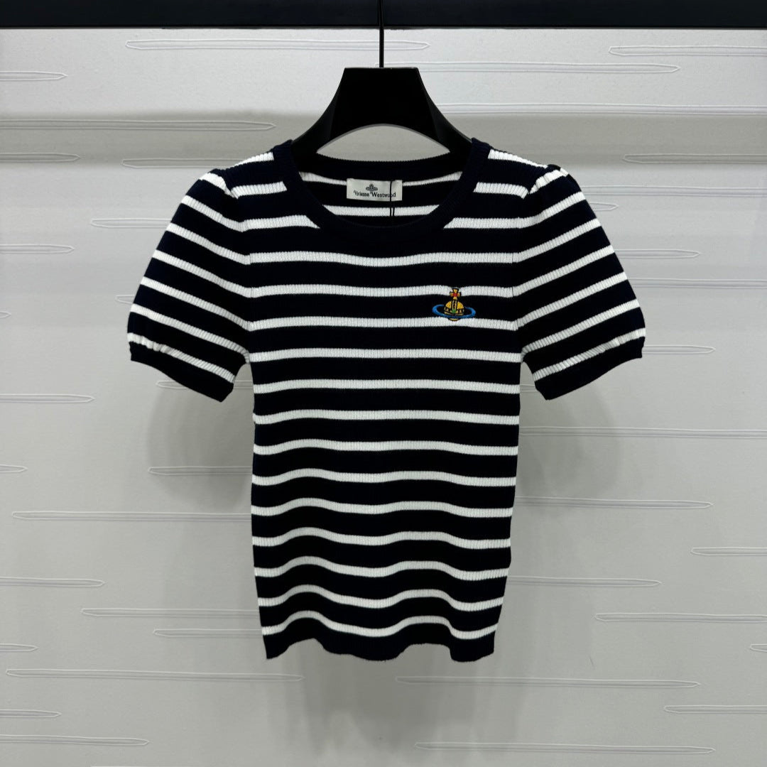VIVIENE 25S SHORT SLEEVE STRIPED ROUND NECK KNIT SWEATER 264249