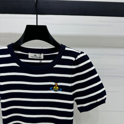 VIVIENE 25S SHORT SLEEVE STRIPED ROUND NECK KNIT SWEATER 264249