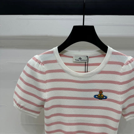 VIVIENE 25S SHORT SLEEVE STRIPED ROUND NECK KNIT SWEATER 264248