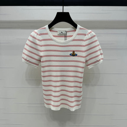 VIVIENE 25S SHORT SLEEVE STRIPED ROUND NECK KNIT SWEATER 264248