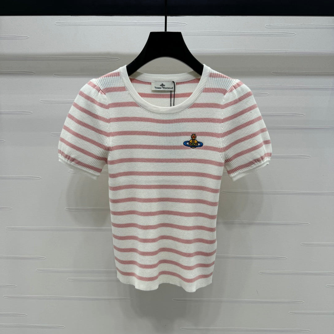 VIVIENE 25S SHORT SLEEVE STRIPED ROUND NECK KNIT SWEATER 264248
