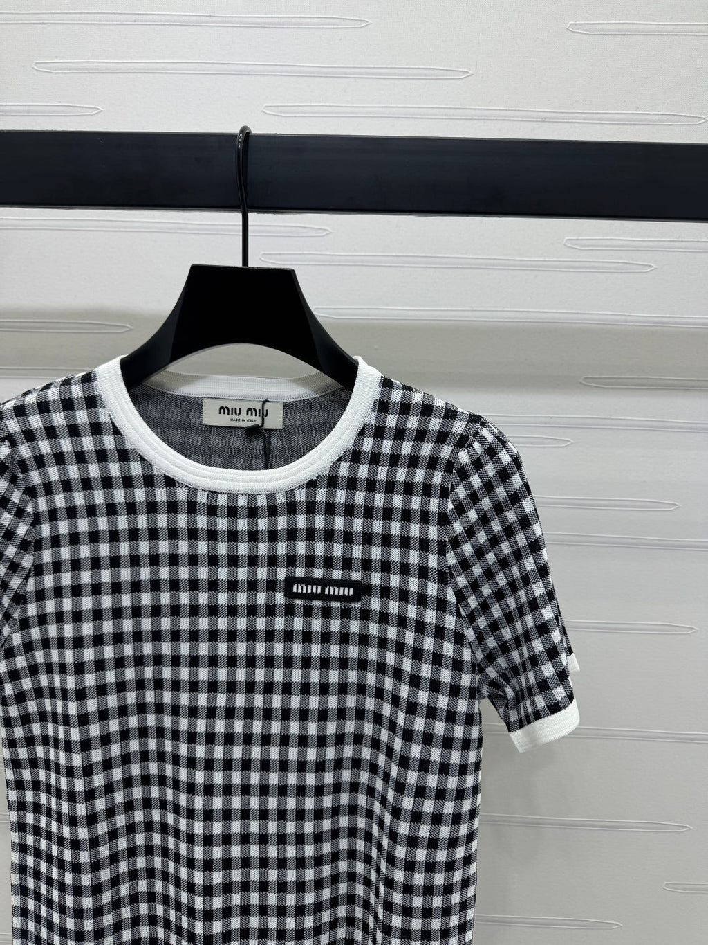 MIUMIU CREW NECK SHORT-SLEEVE PLAID KNIT TOP 274833