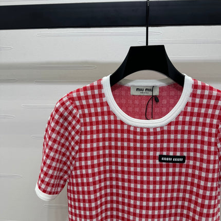 MIUMIU CREW NECK SHORT-SLEEVE PLAID KNIT TOP 274834