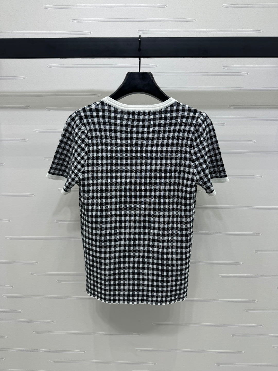 MIUMIU CREW NECK SHORT-SLEEVE PLAID KNIT TOP 274833