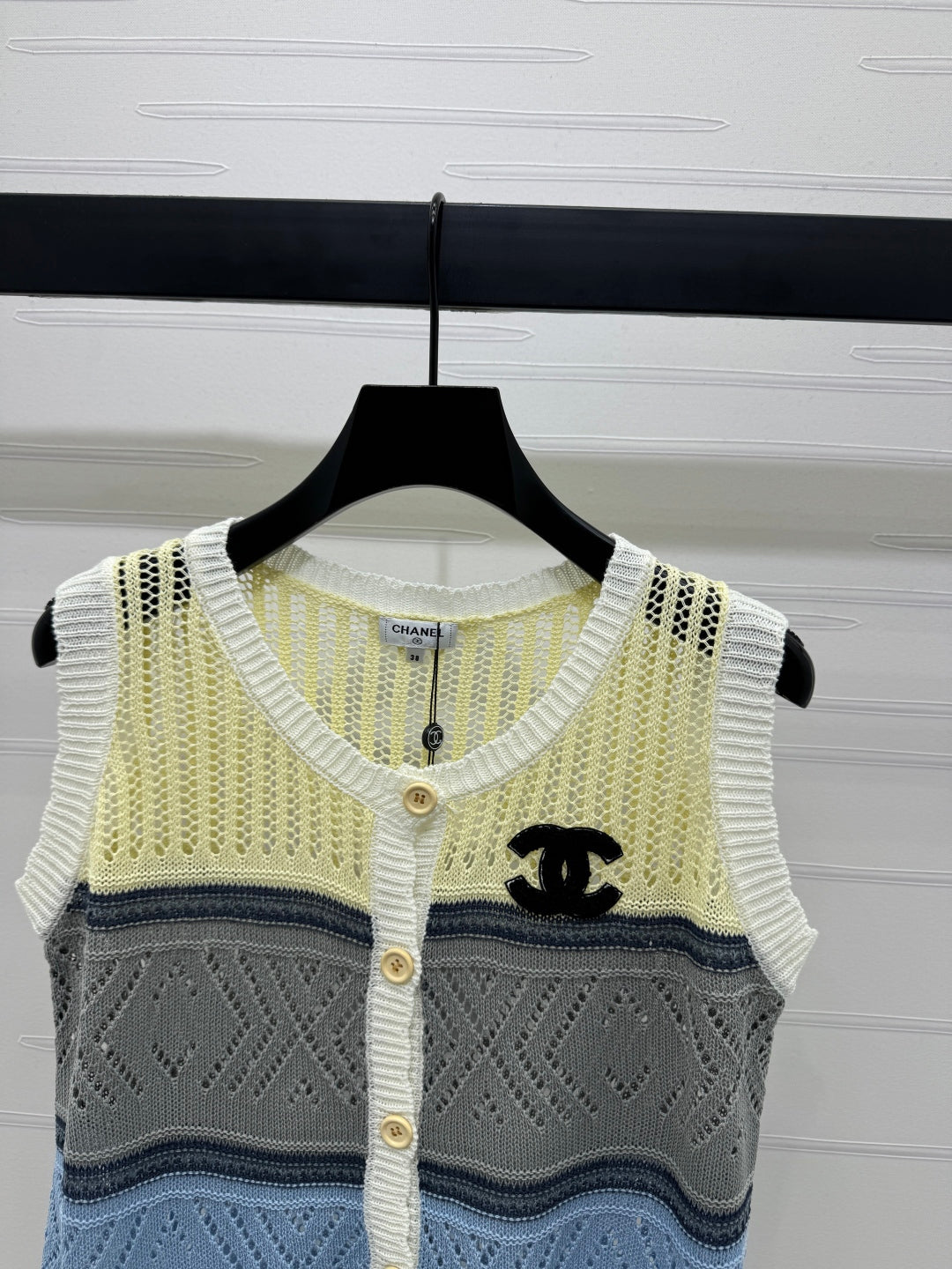 CHANEL EMBROIDERED LOGO OPEN-KNIT VEST 274869