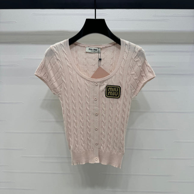 MIUMIU U-NECK KNITTED SHORT-SLEEVE TOP PINK 274947