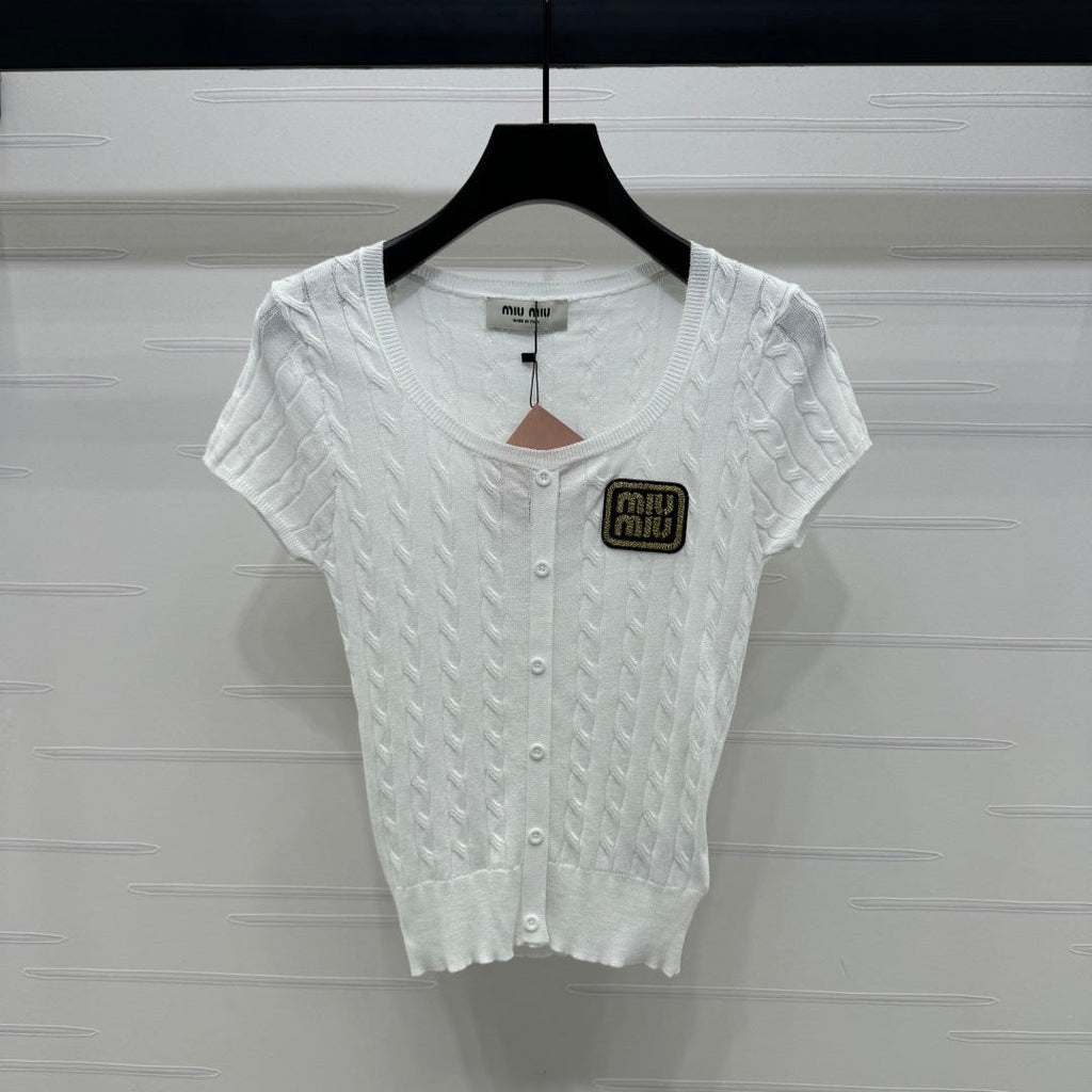 MIUMIU U-NECK KNITTED SHORT-SLEEVE TOP WHITE 274946