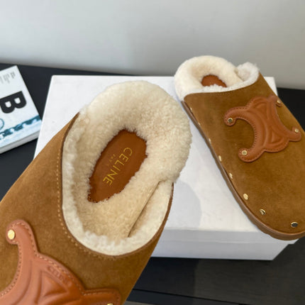 CELINE 26S FUR-LINED MULES IN BROWN SUEDE
