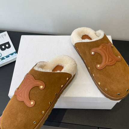 CELINE 26S FUR-LINED MULES IN BROWN SUEDE