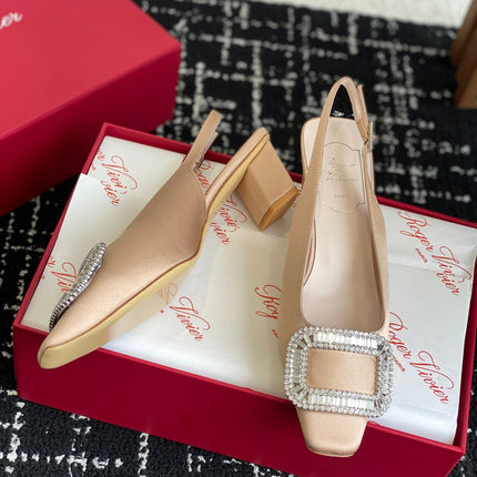 ROGER VIVIER 25S VIVIER SLINGBACK 45MM IN BEIGE SILK EMBELLISHED CRYSTALS