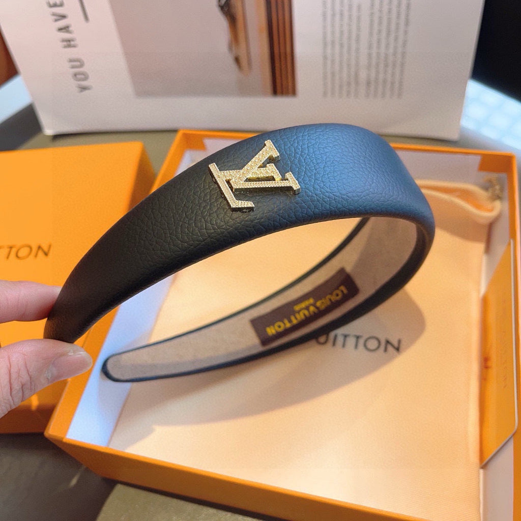 LV HEADBAND IN BLACK CALFSKIN GOLD HARDWARE
