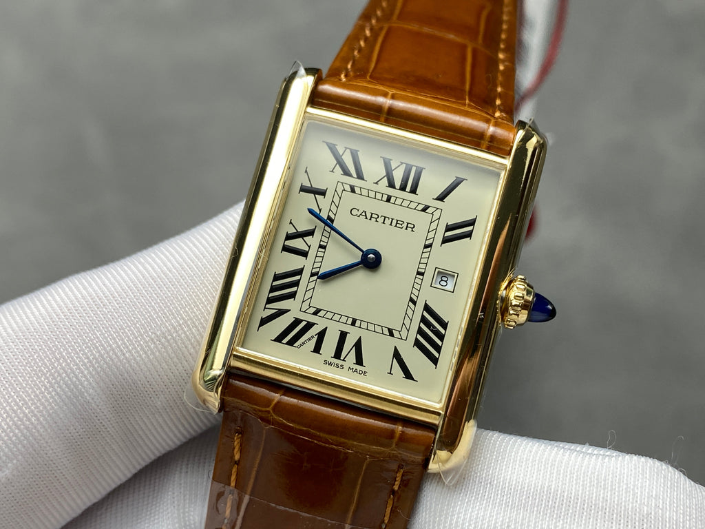 TANK SMALL MODEL LOUIS CARTIER WATCH GOLD CASE WITH CINNAMON BROWN LEATHER STRAP