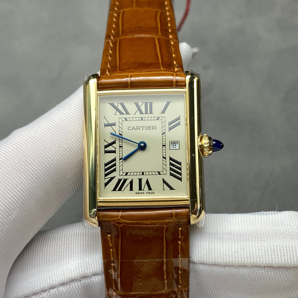 TANK SMALL MODEL LOUIS CARTIER WATCH GOLD CASE WITH CINNAMON BROWN LEATHER STRAP