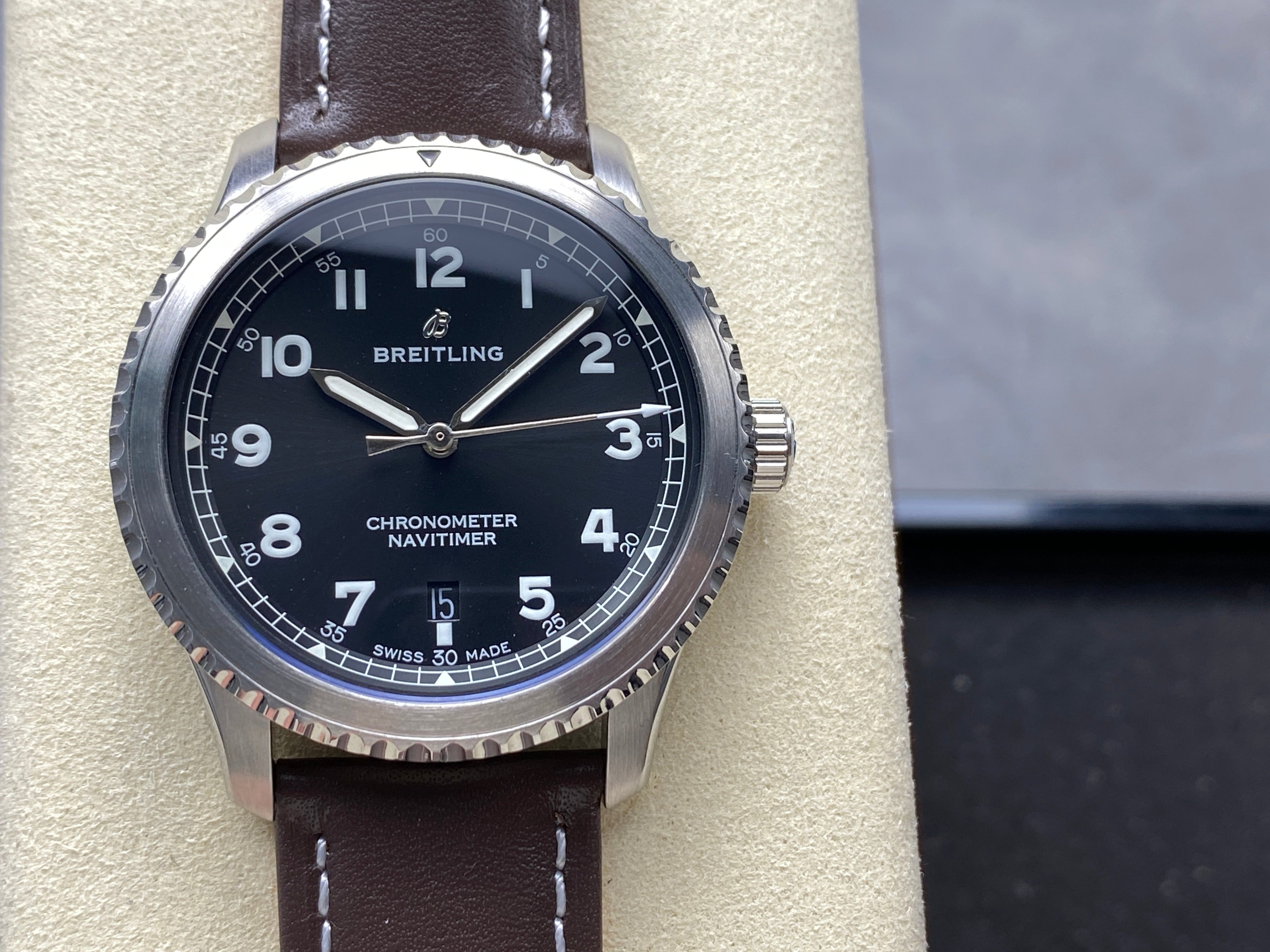 AVIATOR 8 AUTOMATIC STEEL CASE BLACK DIAL BROWN CALFSKIN STRAP