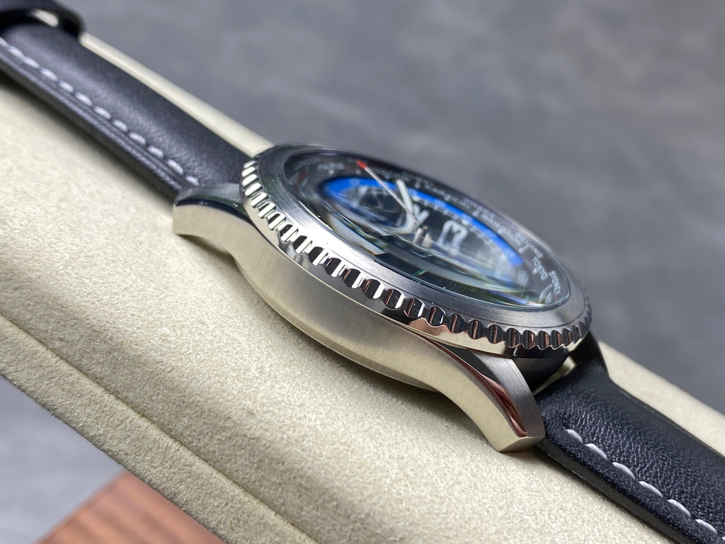 AVIATOR 8 AUTOMATIC STEEL CASE BLACK MIX BLUE DIAL BLACK CALFSKIN STRAP