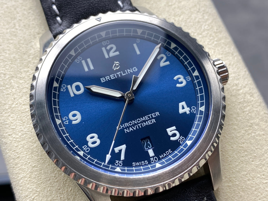 AVIATOR 8 AUTOMATIC STEEL CASE BLUE DIAL BLACK CALFSKIN STRAP