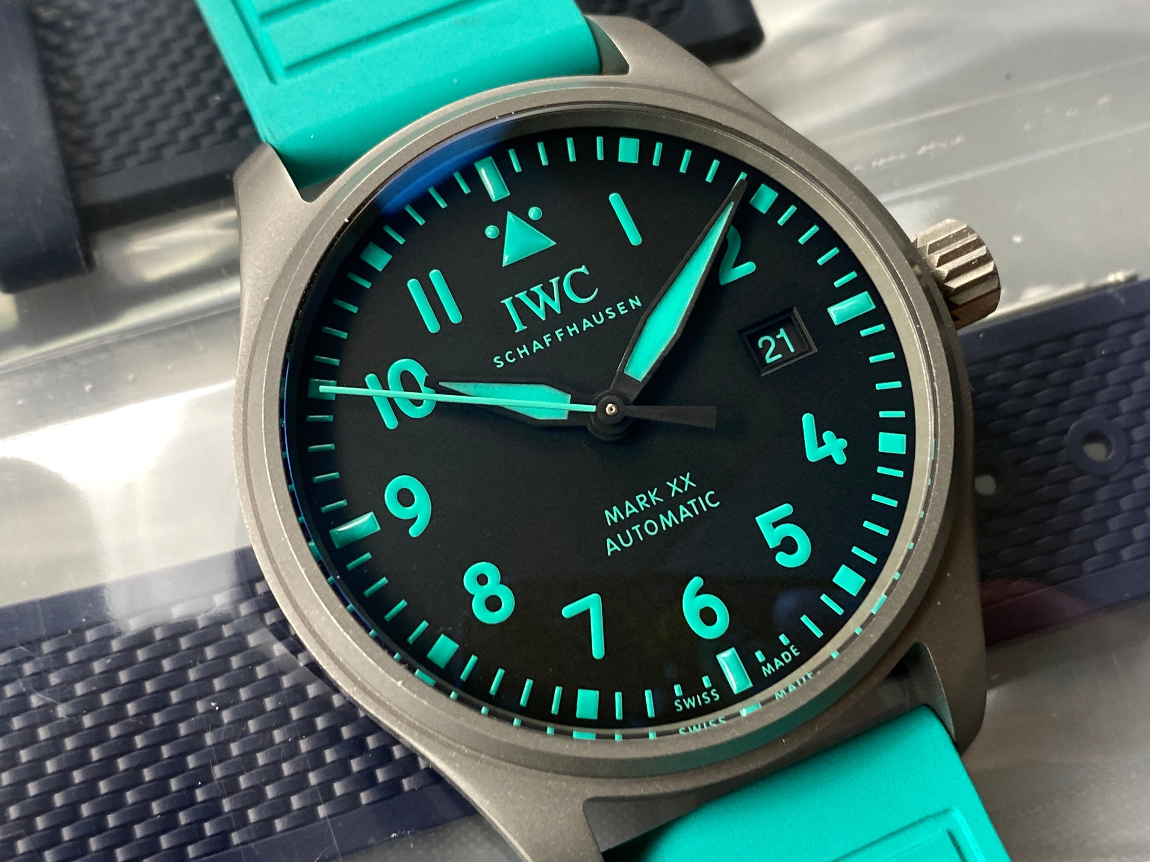 PILOT’S WATCH MARK XX MERCEDES  SILVER CASE ON TEAL GREEN RUBBER STRAP