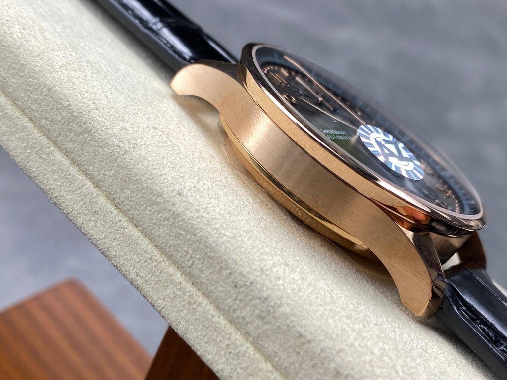 PORTUGIESER AUTOMATIC 40 MM WATCH ROSE GOLD CASE WITH BLACK LEATHER STRAP AND DIAL