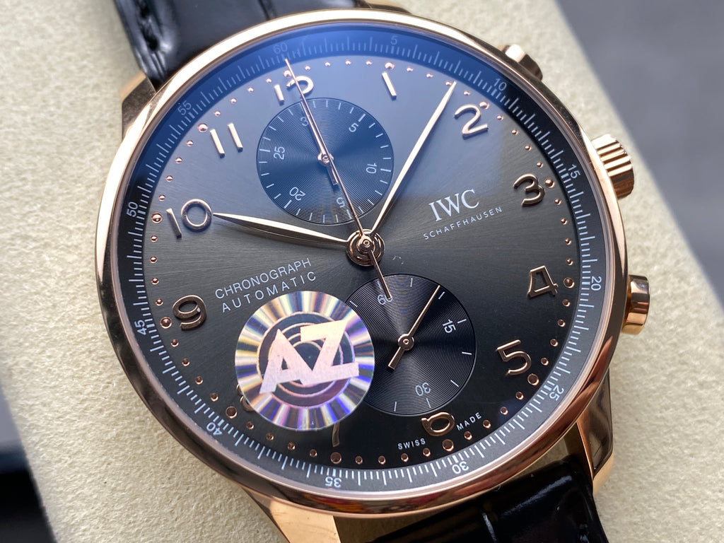 PORTUGIESER AUTOMATIC 40 MM WATCH ROSE GOLD CASE WITH BLACK LEATHER STRAP AND DIAL
