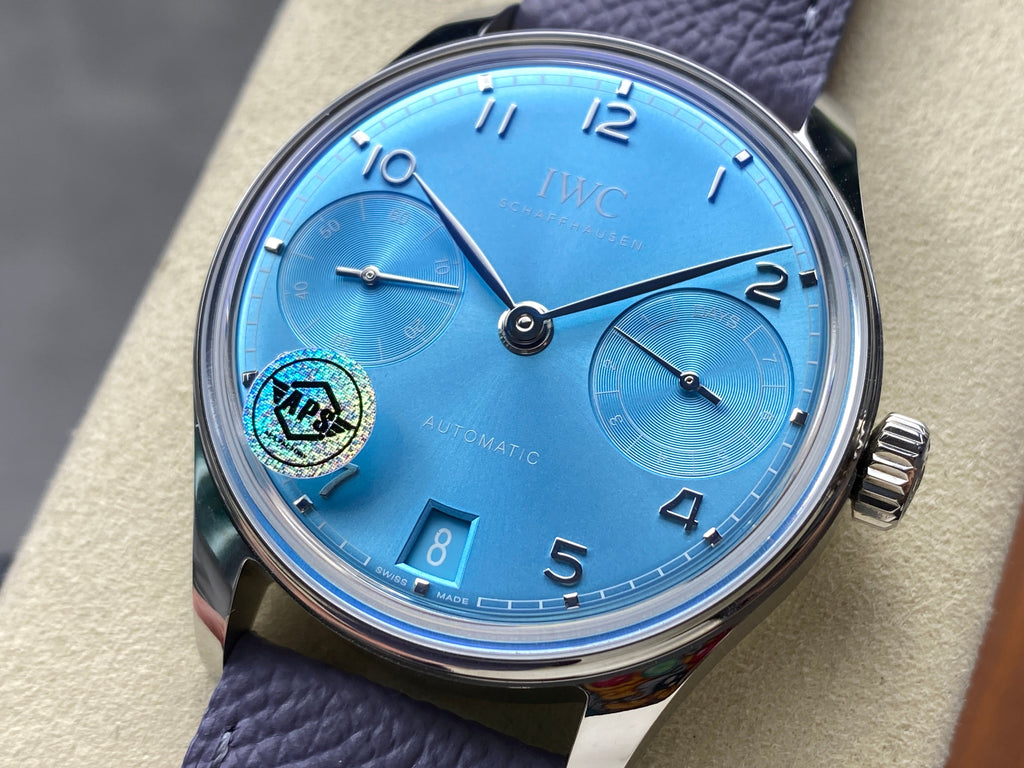 PORTUGIESER AUTOMATIC 42 WATCH SILVER CASE WITH NAVY BLUE LEATHER STRAP AND SAPPHIRE BLUE DIAL